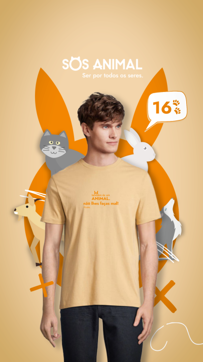 Homem de t-shirt bege com texto e desenhos de animais animados e texto SOS ANIMAL no fundo