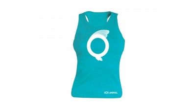 Camisola de alças azul turquesa com estampa branca e texto IOS ANIMAL