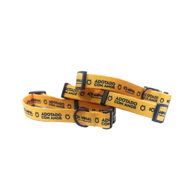 Coleiras amarelas para cães com texto preto 'ADOTADO COM AMOR' e argolas pretas
