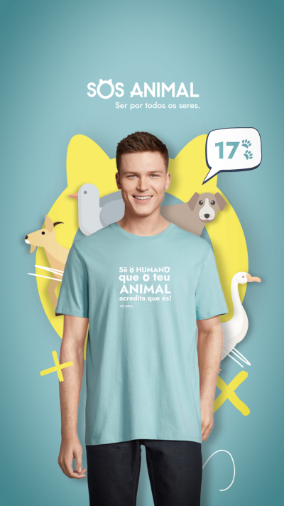 Homem com camisola azul clara e texto branco sobre animais, fundo azul com ilustrações de animais e texto SOS ANIMAL.