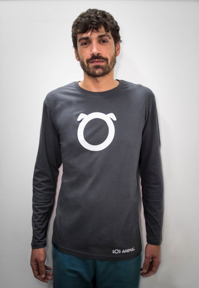 Camisola cinza escuro de manga comprida com símbolo branco circular e texto SOS ANIMAL