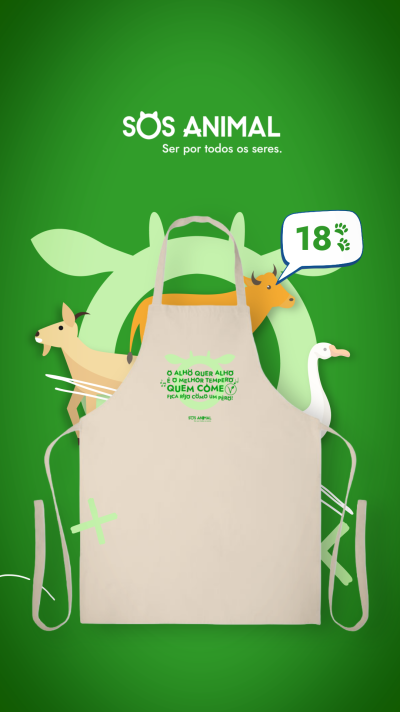 Avental bege com texto verde e ilustrações animais sobre fundo verde.