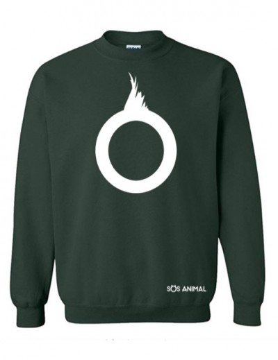 Camisola verde escuro com círculo branco e texto SOS ANIMAL