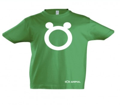 T-shirt verde com símbolo branco e texto SOS ANIMAL.