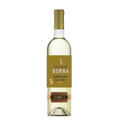Garrafa de vinho branco com cápsula dourada e rótulo castanho com texto soviBOR BORBA Alentejo DOC Branco, White Portugal e etiqueta Reserva.