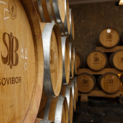 Barril de madeira com inscrições SOVIBOR e SB dentro de adega com vários barris empilhados