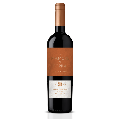Garrafa de vinho tinto Mamoré de Borba com rótulo castanho e branco.