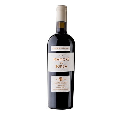 Garrafa de vinho Mamore de Borba Grande Reserva 2018 com rótulo branco e texto dourado
