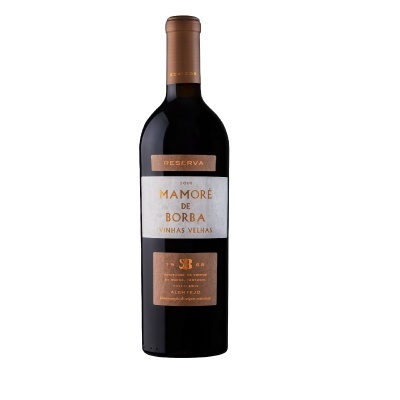 Garrafa de vinho tinto Mamoré de Borba Vinhas Velhas Reserva com rótulo branco e bronze