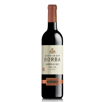 Garrafa de vinho tinto Sovibor Borba com rótulo branco e detalhes em cobre