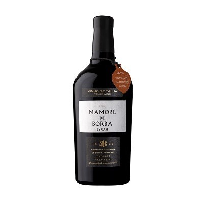Garrafa de vinho tinto Mamoré de Borba Syrah com rótulos e selo