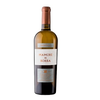 Garrafa de vinho branco Mamoré de Borba com rótulo branco e tampa borgonha