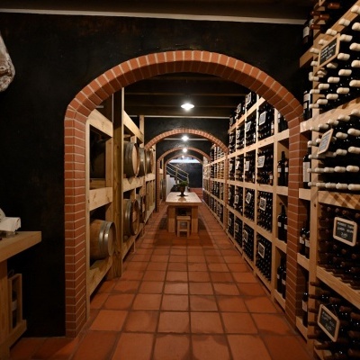 Adega com prateleiras de vinho, chão de azulejos vermelhos e arcos de tijolos