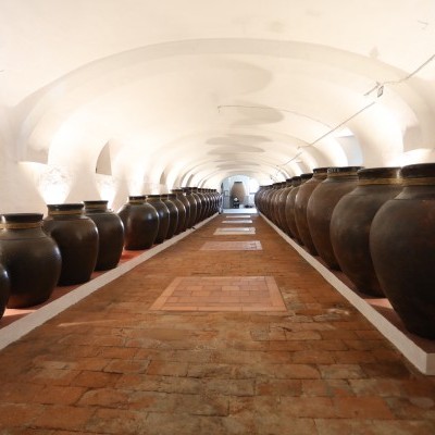 Sala subterrânea com grandes ânforas de barro alinhadas em duas filas