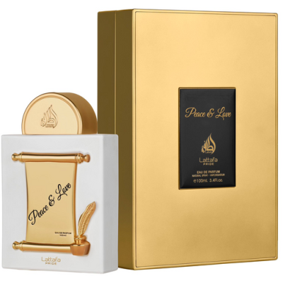 Perfume Peace & Love com frasco branco e dourado ao lado de caixa dourada