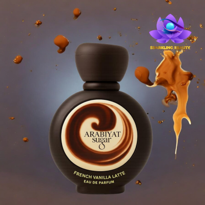 Frasco de perfume castanho escuro com rótulo espiral creme e castanho e texto ARABIYAT sugar FRENCH VANILLA LATTE EAU DE PARFUM