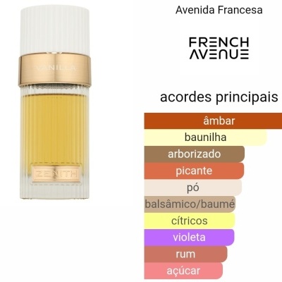 Frasco de perfume âmbar com tampa branca e detalhes dourados, texto em português e logotipo French Avenue