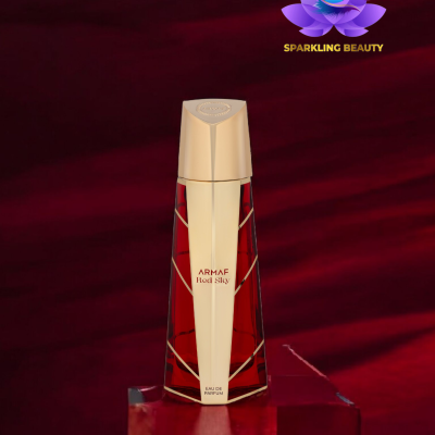 Frasco de perfume Armaf Red Sky com vidro vermelho e detalhes dourados