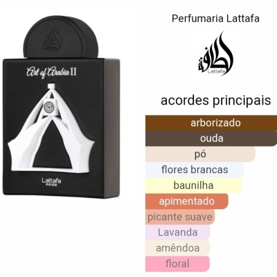 Frasco de perfume preto com detalhes brancos e texto Oud of Arabia II