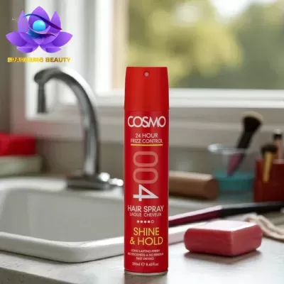 Frasco vermelho de spray de cabelo COSMO 004 numa bancada de cozinha junto a pia.