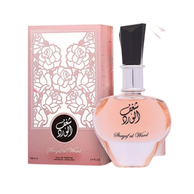 Frasco de perfume rosa claro com caixa rosa decorada com flores e texto