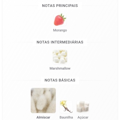Notas de fragrância morango, marshmallow, almíscar, baunilha e açúcar