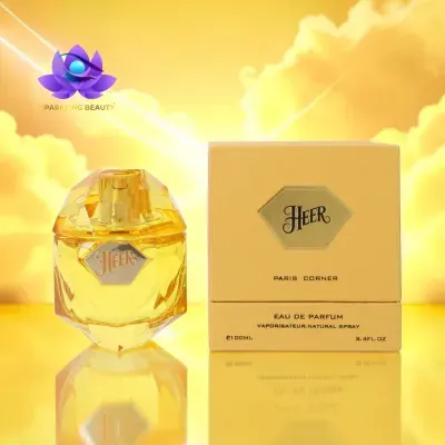 Frasco e caixa de perfume amarelo HEER com texto e fundo amarelo