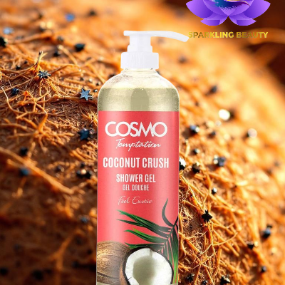 Garrafa de gel de banho COSMO Temptation Coconut Crush sobre fundo castanho texturado com estrelas