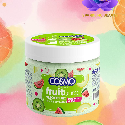 Frasco com esfoliante corporal e facial COSMO fruit burst sabor melão e kiwi