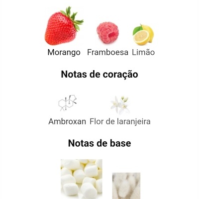 Notas olfativas de perfume com texto e imagens de frutas, compostos químicos, flores e marshmallows