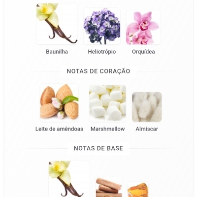 Notas de topo, coração e base com imagens de flores, amêndoas, marshmellow e especiarias.
