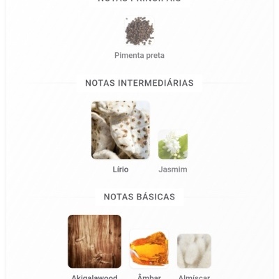 Notas de perfume com pimenta preta, lírio, jasmim, akigalawood, âmbar e almíscar.