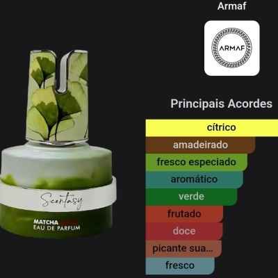 Frasco de perfume verde com tampa decorada e gráfico de acordes principais