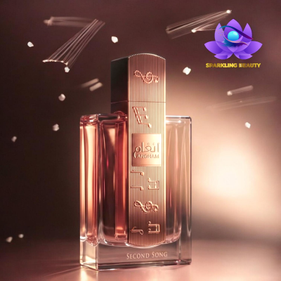 Frasco de perfume retangular em vidro com rótulo metálico e texto ANGAM e SECOND SONG