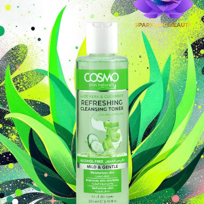 Frasco de tónico de limpeza refrescante COSMO em fundo com folhas coloridas.