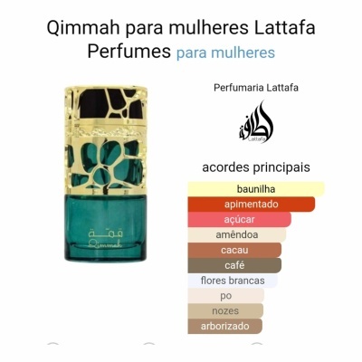 Frasco de perfume Lattafa Qimmah verde com tampa dourada e lista de aromas em fundo branco