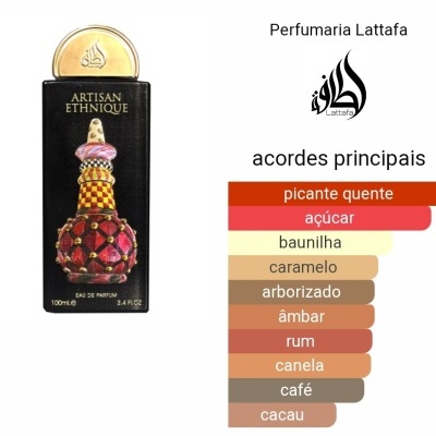 Embalagem preta de perfume Artisan Ethnique com frasco decorativo e lista de acordes principais