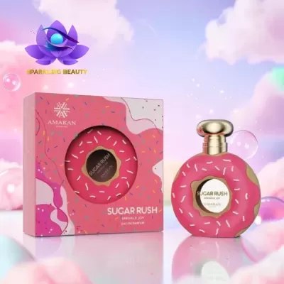 Frasco e caixa de perfume Amaran Sugar Rush com design de donut rosa