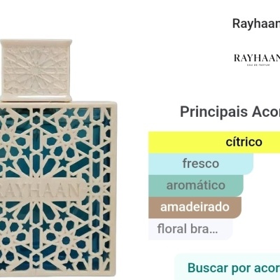 frasco de perfume Rayhaan com padrão geométrico azul e branco e texto dos principais acordes