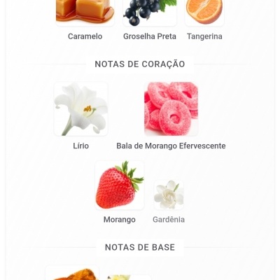 Notas de fragrância com imagens de caramelo, groselha preta, tangerina, lírio, bala de morango, morango, gardénia, âmbar, baunilha, sândalo e almíscar.