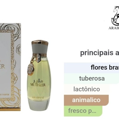 Frasco de perfume Mutheer Arabiyat Prestige com embalagem branca e dourada e lista de acordes principais