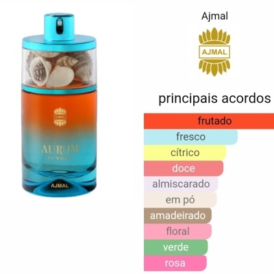 Frasco de perfume Ajmal Aurum Al Aroos azul e âmbar com lista de características olfativas coloridas