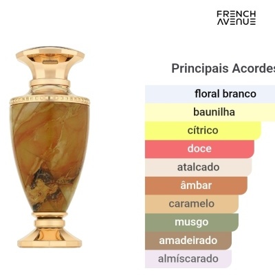 Frasco de perfume dourado com corpo âmbar marmoreado e lista colorida de acordes