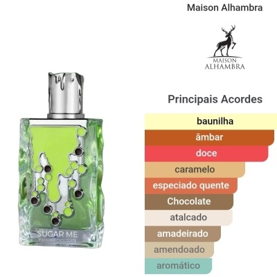 Frasco verde de perfume Sugar Me Pistachio Chocolate com tampa prateada e lista de acordes aromáticos ao lado