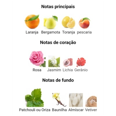 Notas aromáticas organizadas em três categorias com imagens de frutas e flores para e-commerce.