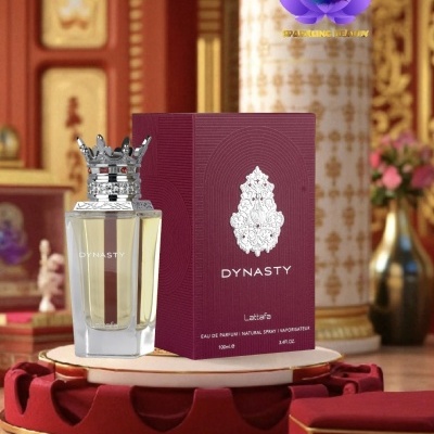Frasco de perfume Dynasty com tampa coroa e caixa bordeaux