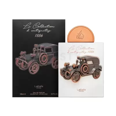 Frasco de perfume Lattafa La Collection d'antiquités 1886 com imagem de carro antigo