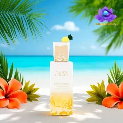 Frasco de perfume Tahiti Colada na praia com flores tropicais e mar ao fundo