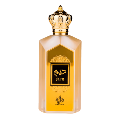 Frasco de perfume dourado com tampa em forma de coroa dourada