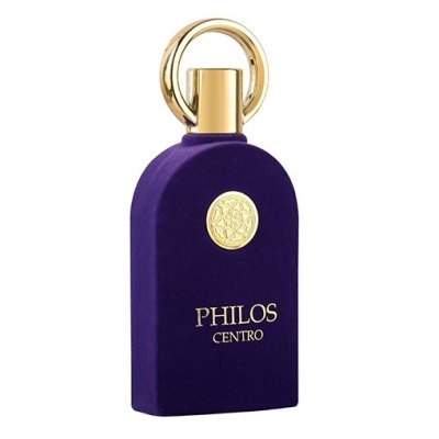 Frasco de perfume PHILOS CENTRO roxo e dourado com tampa com argola